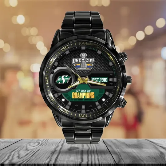 Discover Saskatchewan Roughriders 2025 Grey Cup Champions Black Stainless Steel Watch