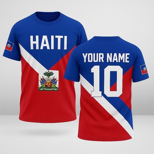 Custom Haiti Flag Jersey with Name and Number, Personalized Haitian Pride Shirt, Unisex Red Blue White Sports Fan Tee for Soccer