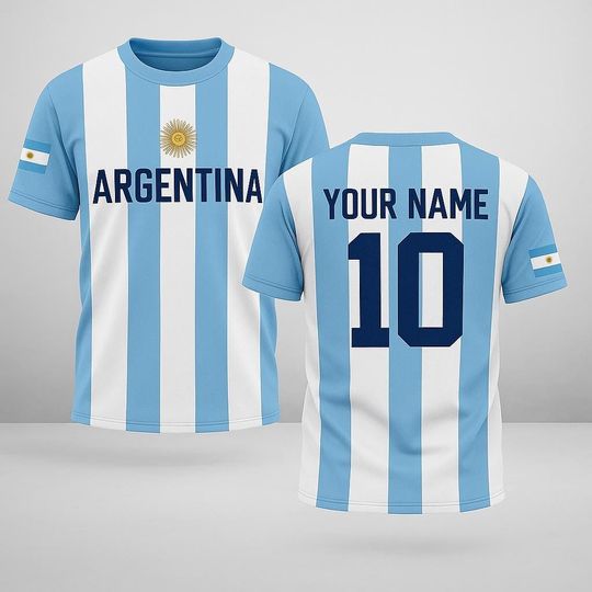 Discover Custom Argentina Flag with Name and Number, Personalized Argentine Pride Shirt, Unisex Sky Blue White Soccer Fan Tee for Match Days