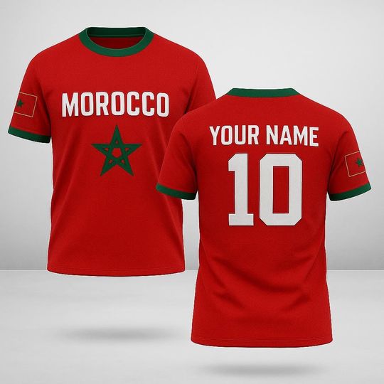 Discover Custom Morocco Flag with Name and Number, Personalized Moroccan Pride Shirt, Unisex Red Green Soccer Fan Tee for Match Days