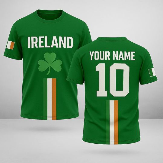 Discover Custom Ireland Flag with Name and Number, Personalized Irish Shamrock Pride Shirt, Unisex Green White Orange Fan Tee for Rugby Soccer