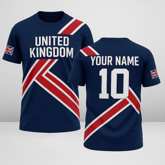 Discover Custom United Kingdom Flag with Name and Number, Personalized UK Union Jack Pride Shirt, Unisex Soccer Fan Tee for Match Days & Gifts