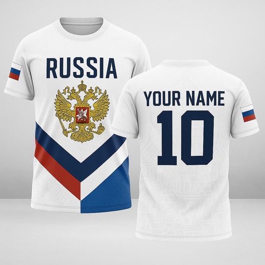 Discover Custom Russia Flag with Name and Number, Personalized Russian Pride Shirt, Unisex White Blue Red Fan Tee for Soccer
