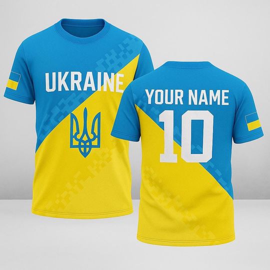 Discover Custom Ukraine Flag with Name and Number, Personalized Ukrainian Pride Shirt, Unisex Blue Yellow Soccer Fan Tee for Matchdays & Gifts