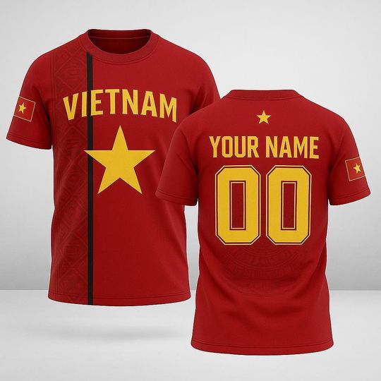 Discover Custom Vietnam Flag with Name and Number, Personalized Vietnamese Pride Shirt, Unisex Red Yellow Sports Tee for Fans and Gifts