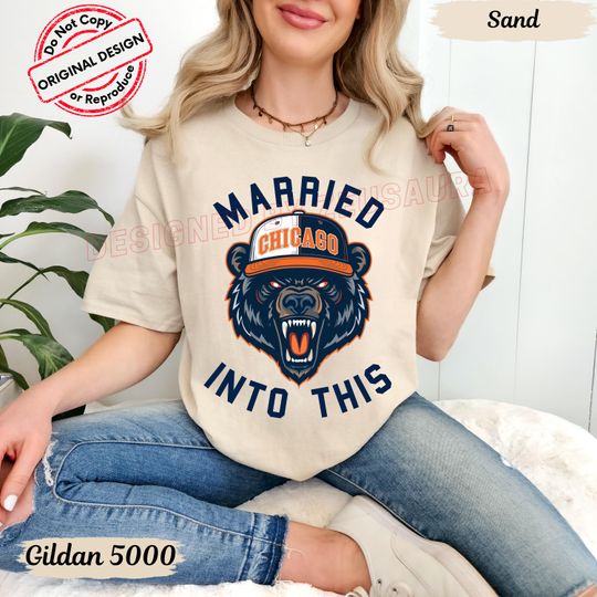 Discover Married Into this Chicago Football Shirt: Funny Bear Sports T-shirt, Game Day Sweatshirt for Husband Wife, Chicago Team Hoodie