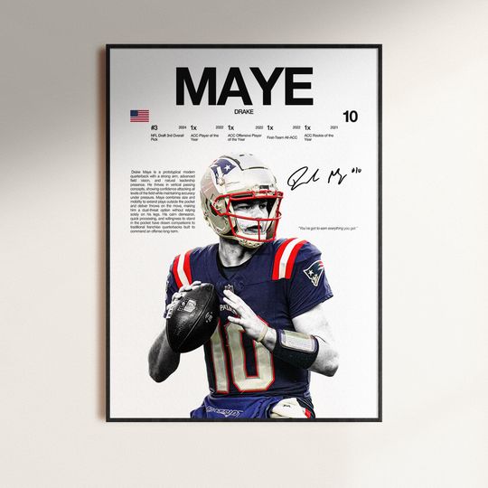 Discover Drake Maye Poster, football Wall Print, Football Digital Download, football Poster Print, Sports Decor, New England Patriots Poster, Football Gift
