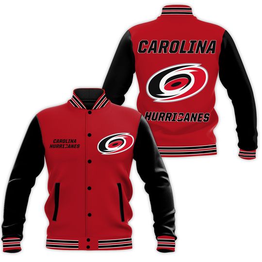 Carolina Hurricanes Black and Red Baseball Jacket With Genuine Leather Sleeves