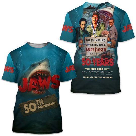 Jaws 50Th Anniversary 1975-2025 Signatures All size 3D T-Shirt Unisex