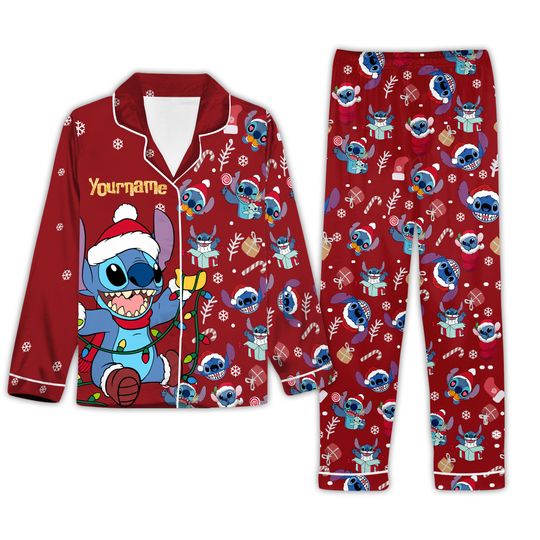 Personalized Stitch Santa Hat Christmas Lights Tis The Season Xmas Pajamas Set
