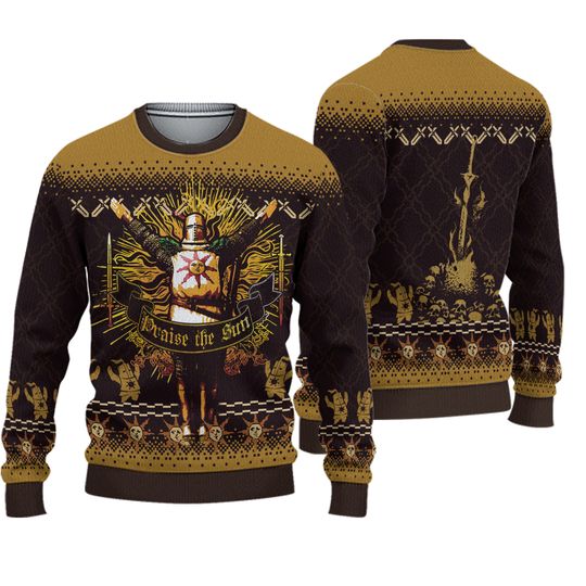 Praise the Sun Ugly Christmas Sweater, Dark Souls Inspired Holiday Pullover, Solaire of Astora Knit Jumper, Gamer Xmas Gift for Him or Her