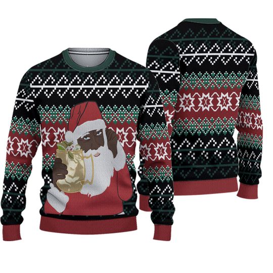 African American Santa Ugly Sweater Sz XL Hold My Drink Feature