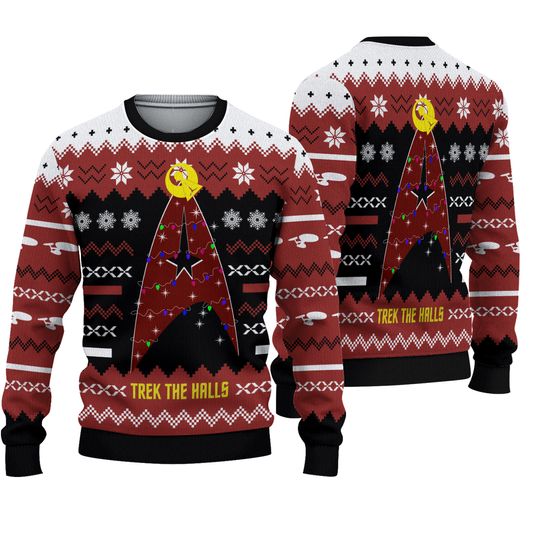 Trek The Halls Ugly Sweater, Sci-Fi Christmas Sweashirt, Geek Gift for Him Her, Red Black Holiday Pullover, Space TV Show Christmas Gift
