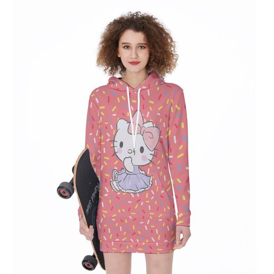 HELLO KITTY Women's Sweater Dress Long Hooded Hooded Dress Fall Anime 3D Dye Print Pullover Casual Women's Sexy Sweater Dress