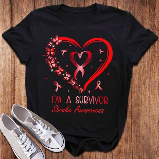 Discover I'm A Survivor T-Shirt, Stroke Awareness Shirt, Red Butterfly Heart Shirt, Stroke Supportive Gift, Motivational Tee Stroke Ribbon Shirt
