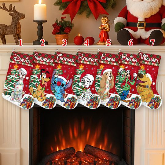 Personalized Disney Dogs Disney Christmas Stockings, Custom Stitch Goofy Stockings With Name, Disneyland Dug Pluto Lady & The Tramp Stocking
