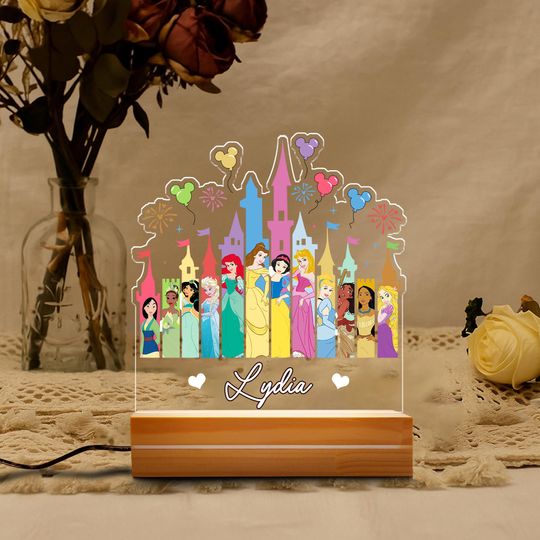 Discover Personalized Disney Princess Castle Night Light, Disney Princess Birthday Gift for Her, Custom Name Baby Girl Room Decor, Disneyland Lamp