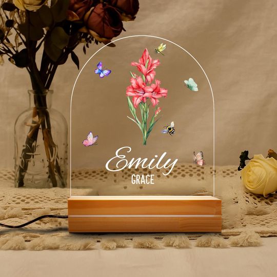 Discover Personalized Birth Month Flower Acrylic Night Light, Flower Nursery Decor, Baby Shower Gift, Custom Name LED Room Decor, Christmas Gift