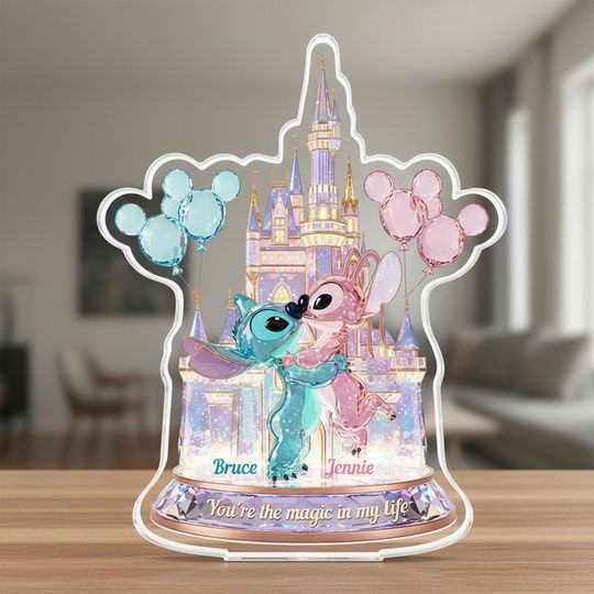 Discover Disney Couple Acrylic Plaque, Stitch Valentine Shaped Acrylic Decor, Magic Castle 2D Printed Wall Art, Gift for Her