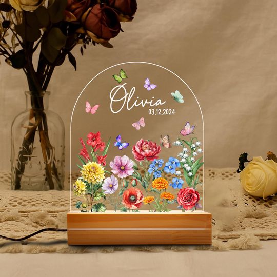 Discover Custom Floral Butterfly Name Night Light, Personalized Flower Garden Night Lamp, Nursery Decor, Birthday Gift For Her, Bedroom Bedside Light