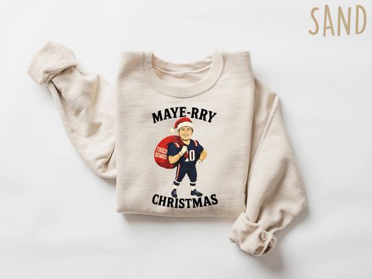Discover Maye-rry Christmas Football Sweater, Funny Sports Fan Shirt, Quarterback Holiday Tee, New England Football Fan Gift, Xmas Game Day Apparel