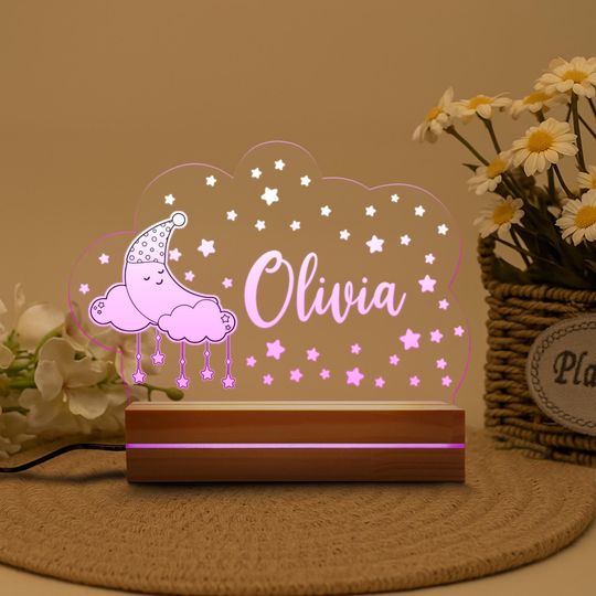 Discover Personalized Night Light with Moon & Stars, Custom Name Light Night Gift, Personalized Gifts for Kids, Baby Shower Gift, Kids Room Decor