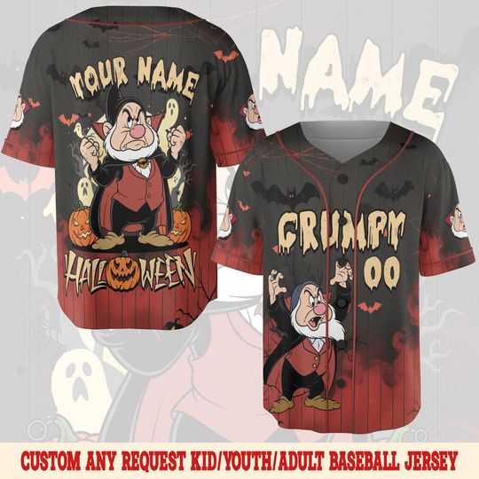 Discover Disney Grumpy Baseball Jersey, Halloween Pumpkin Baseball Jersey, Personalized Snow White Baseball Jersey, 7 Dwarfs Halloween Gift NGTE18