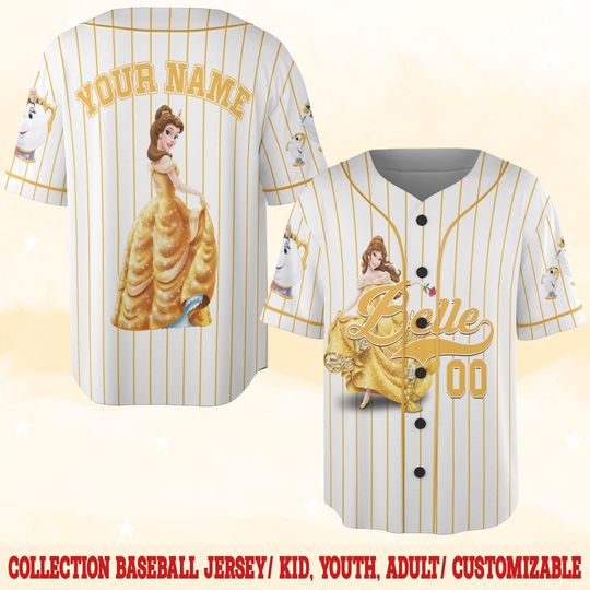 Custom Disney Princess Belle Beauty and the Beast, Custom Kid Youth Adult Disney Baseball Jersey