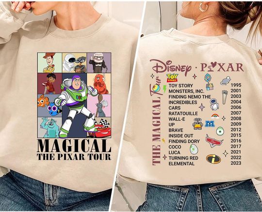 Discover Vintage Magical The Pixar Sweatshirt, Pixar Eras Tour Sweater, Pixar Characters Concert Music Sweater, Disney Toy Story Buzz