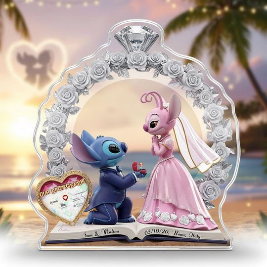 Personalized Stitch and Angel Valentine Shaped Acrylic Plaque with Custom Name, Romantic Disney Engagement Decor