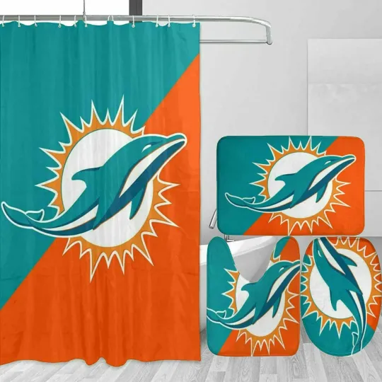 Discover Miami Dolphins Team Waterproof Shower Curtain Non-Slip Toilet Lid Cover Bat Mat