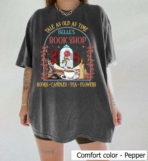 Discover Belle Book Shop Shirt,  Tale As Old As Time, Comfort Colors Bookish Tee, Book Lover Gift, Vintage Style Reading Shirt, Disney Princess Tee