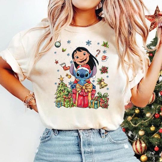 Retro Lilo and Stitch Christmas Sweatshirts, Magical Cartoon Shirt, Cartoon Christmas Shirt, Dinsey Christmas Tee, Preppy Christmas Shirts