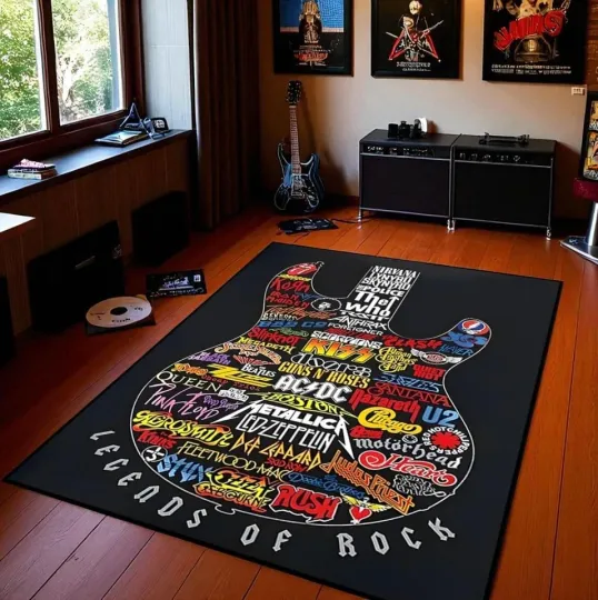 Discover Rock Music Collage Area Rug, Living Room Bed Decor