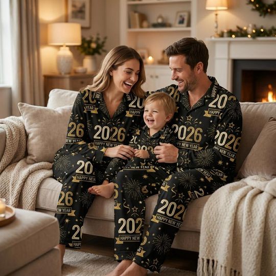 Discover New Year 2026 Satin Pajamas Set, Matching Pyjama Set, Xmas Sleepwear Gift, Holiday Family Pajamas, Couple Pajamas, Christmas Gift