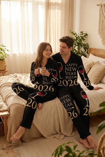 Happy New Year Pajamas Set, Matching Family Pajamas, Holiday Family Pajamas, Couple Pajamas, Christmas Gift, Wine Glass Pajamas Set