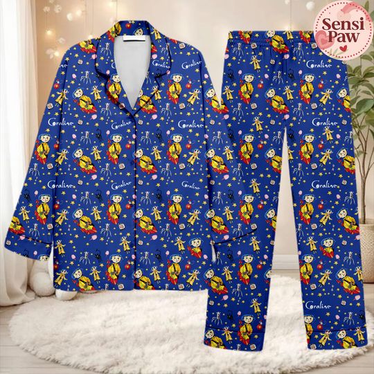 Coraline Inspired Pajama Set  Spooky Cute Sleepwear  Cozy Lounge Set for Women, Fantasy Movie Print PJs, Halloween Gift