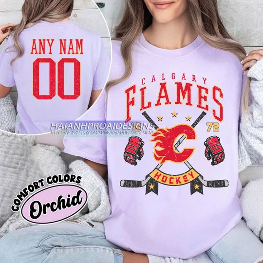 Discover Personalized Comfort Colors Calgary Flames T-Shirt | Custom Number | Retro Team Shirt
