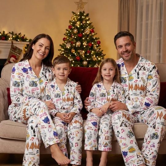 Discover Retro Rock Band Doodle Pajamas Set, White Music Print Unisex Winter PJs