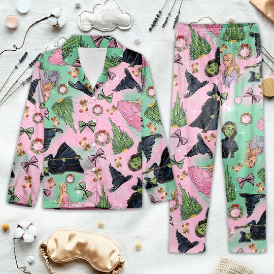 Discover Wicked Inspired Pajamas Set | Pastel Pink Green Musical Sleepwear | Broadway Fantasy Pajamas for Theater Lovers