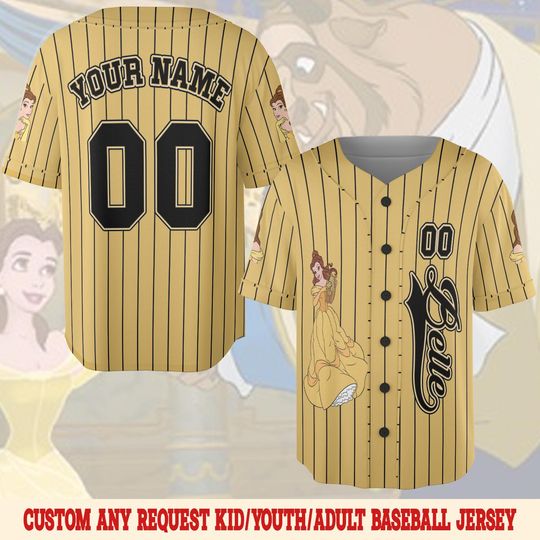 Custom Disney Princess Belle Beauty and the Beast, Custom Kid Youth Adult Disney Baseball Jersey
