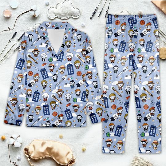 Chibi Explorer Pajamas Set, Cute Space Adventure PJs, Blue Cartoon Pattern Sleepwear, Science Lover Loungewear Gift for Adults & Teens
