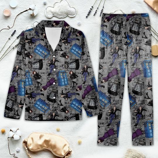Sci-Fi Retro Pajamas Set, Gothic Time-Travel Sleepwear, Blue Phone Box & Robot Pattern PJs, Dark Fantasy Loungewear for Adults