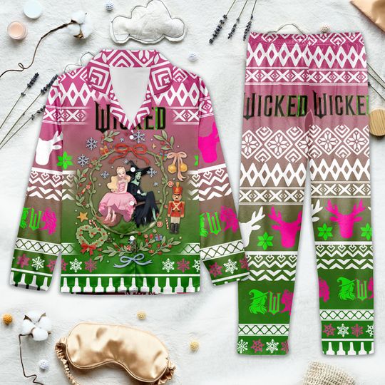 Wicked Christmas Pajamas Set | Musical Theater Holiday Sleepwear | Pink & Green Ugly Sweater Style Pajamas