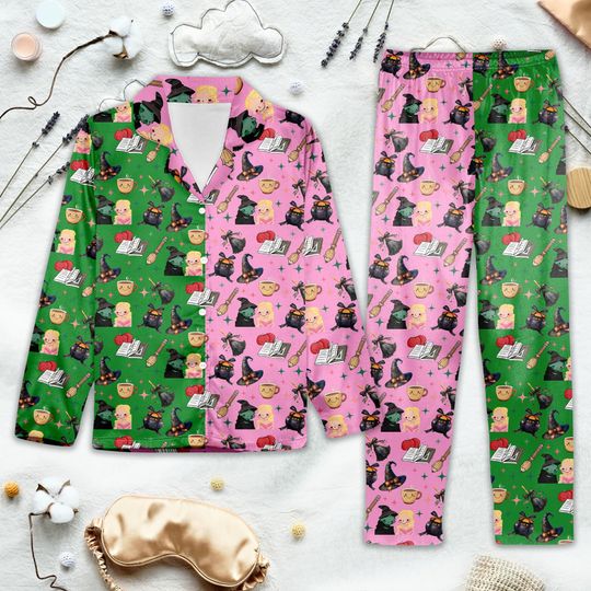 Wicked Inspired Witch Pajamas  Pink Green Split PJs, Kawaii Magical Witchcore Sleepwear, Cute Chibi Wizard Loungewear Set