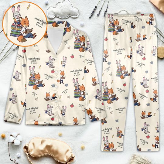 Cute Teacher Pajama Set | Bunny & Fox Study PJs | School Theme Sleepwear | Back to School Gift | Cozy Book Lover Pajamas for Women