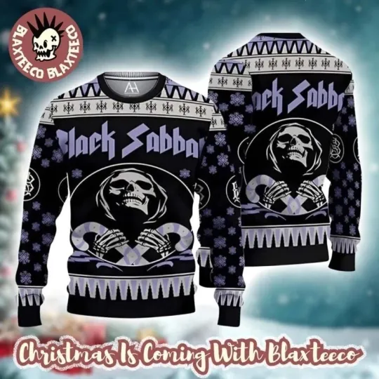 Discover Black Sabbath The Death Skeleton Holding Candy Crane Ugly Christmas Sweater