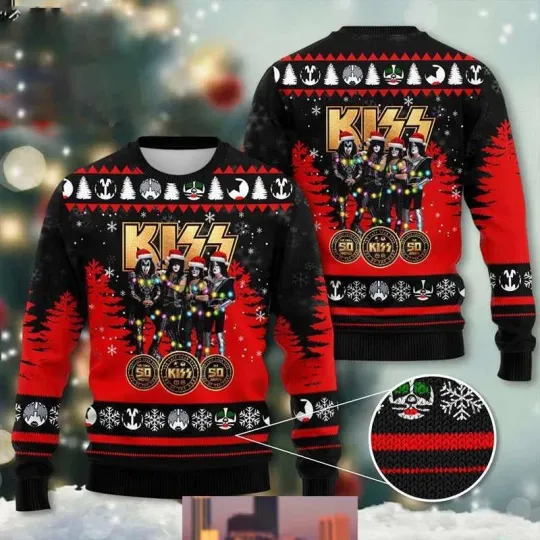 Discover Kiss Band With Golden And Wearing Santa Hat 2024 Ugly Christmas Sweater BL600