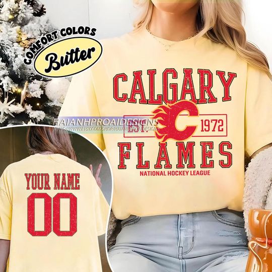 Discover Calgary Flames T-Shirt | Custom Name and Number Tee | Vintage Hockey Fan Gift | Personalized Game Day Shirt