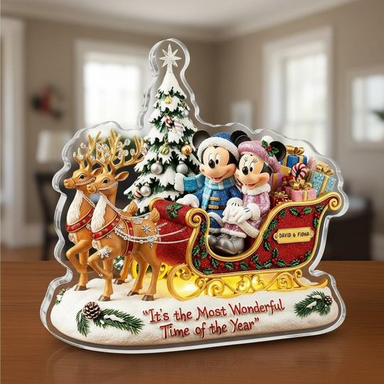 Discover Disney Couple Shaped Acrylic Plaque, Mickey Minnie Sleigh Ride Keepsake, Christmas Gift Decor